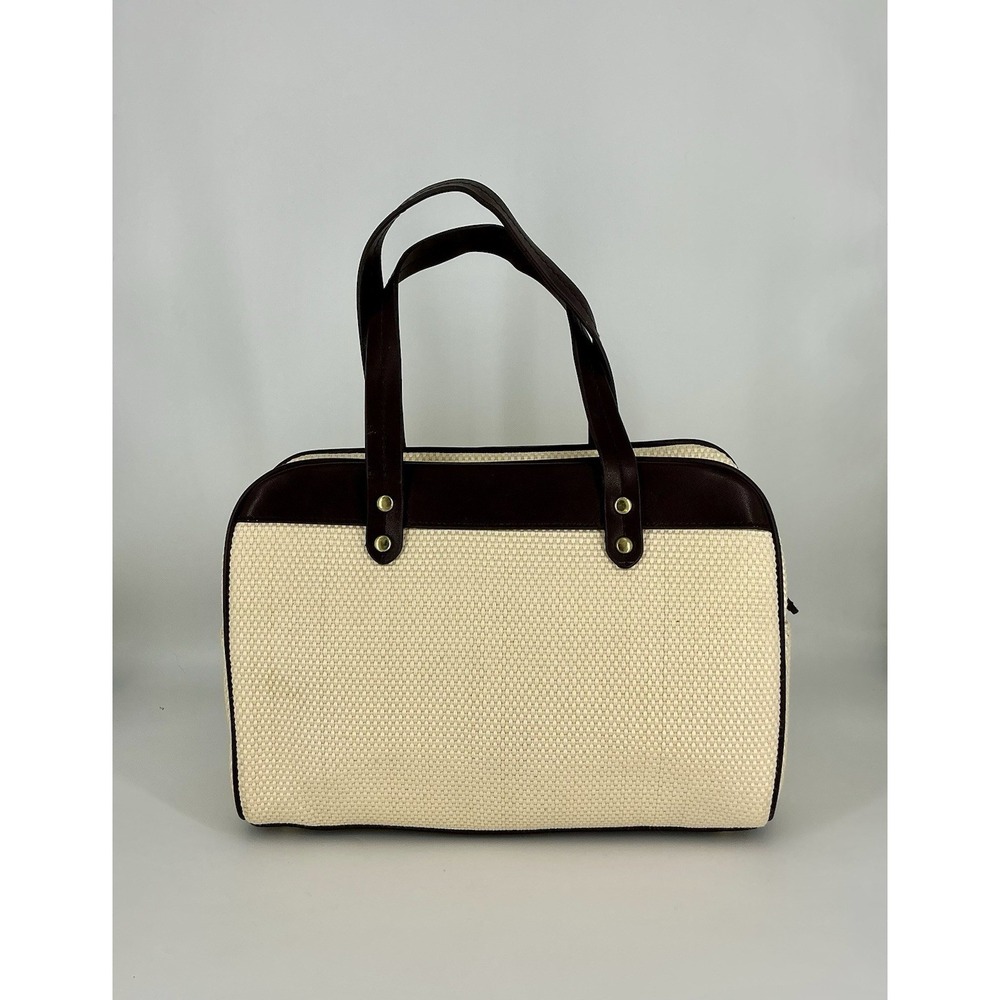 Etienne Aigner Beige Brown Woven Satchel Double Handles Gold Hardware - Picture 3 of 11